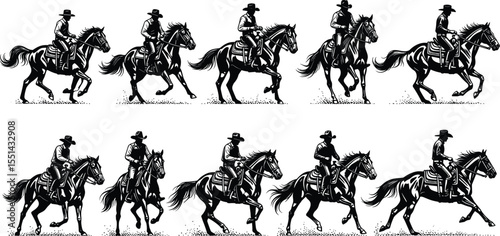 Cowboy, riding, horse, silhouette, western, style, vector, illustration, wild, west, ranch, equestrian, movement, galloping, action, desert, scene, cowboy art, vintage, ink, horses