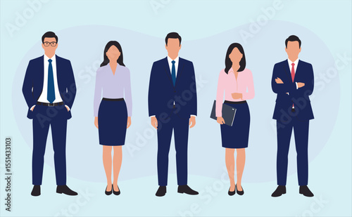 Diverse Group of Professional Business People Standing Confidently, Representing Leadership, Teamwork, Corporate Success, and a Variety of Skills in a Modern Business Environment.
