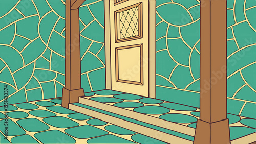Cartoon interior design illustration with door and tile floor for graphic design projects and art prints