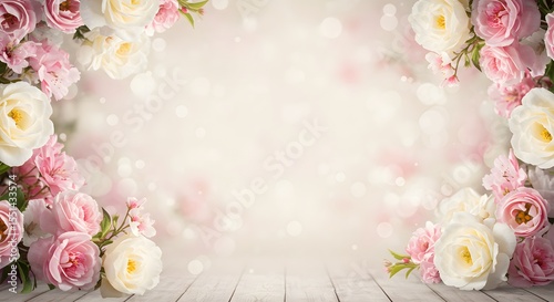 A soft and romantic floral studio backdrop, featuring blooming pink and white flowers with a dreamy bokeh effect and ethereal lighting.