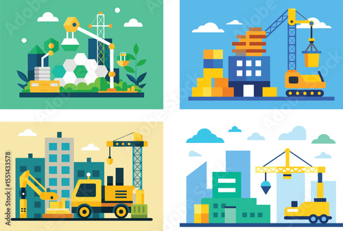 The city build by crane and excavator with high buildings and ground., Construction site vector set