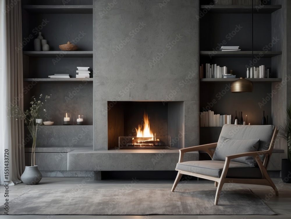 Fototapeta premium Grey chair by fireplace against concrete wall with shelves. Scandinavian home interior