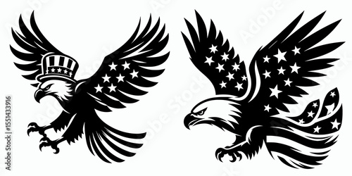 bald eagle flying. Logo Head Face Animal Independence Day 4th of July Clipart Line Art Vector Illustration. American soars bird prey takes to the sky gliding in motion.