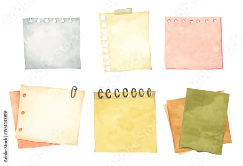 Pastel Notepad and Sticky Notes. Memo Pad for Planner, Office or Back to School. Watercolor Note Paper Illustration.