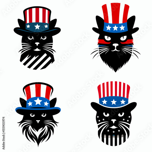 Black Cat. Logo Head Face Animal Independence Day 4th of July Clipart Line Art Vector Illustration. Dark feline animal a house pet known for superstition omen and luck.