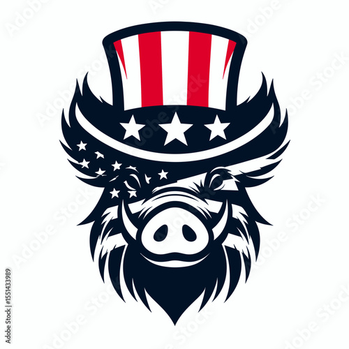 boar. Logo Head Face Animal Independence Day 4th of July Clipart Line Art Vector Illustration. Wild pig a feral hog swine relative common mammal the forest.