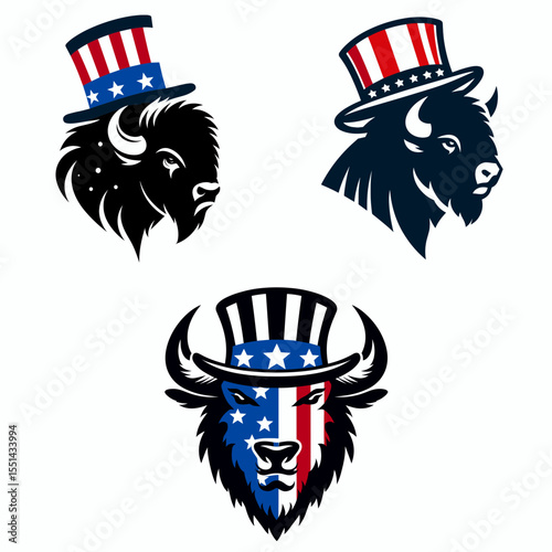 Bison. Logo Head Face Animal Independence Day 4th of July Clipart Line Art Vector Illustration. American buffalo a huge mammal wildlife inhabitant roaming prairie location.