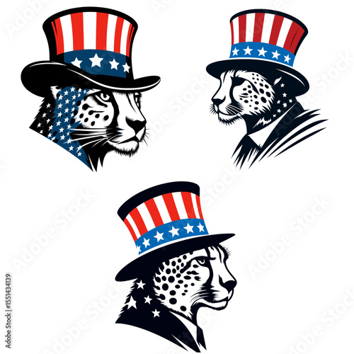Cheetah. Logo Head Face Animal Independence Day 4th of July Clipart Line Art Vector Illustration. Speedy feline a spotted cat with rapid pace acceleration and agile nature.