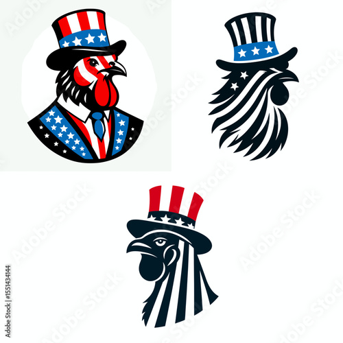 Chicken. Logo Head Face Animal Independence Day 4th of July Clipart Line Art Vector Illustration. Fowl a tasty poultry choice farm bird source protein for good meal.