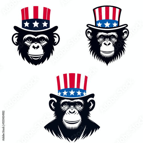 Chimpanzee. Logo Head Face Animal Independence Day 4th of July Clipart Line Art Vector Illustration. African ape a large primate with intelligence for zoo attraction and wildlife.
