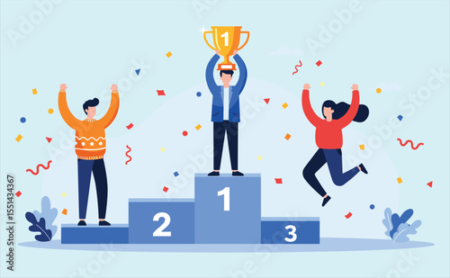 Celebrating Champions on a Victory Podium with Trophy and Confetti, Symbolizing Success, Achievement, and Triumph in Business, Sports, and Life Accomplishments.