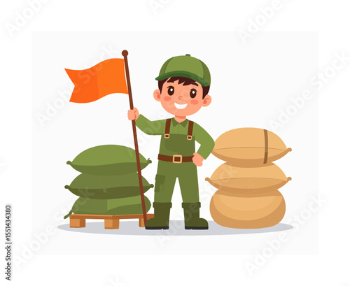 A cartoon soldier stands with a flag near sandbags  supplies