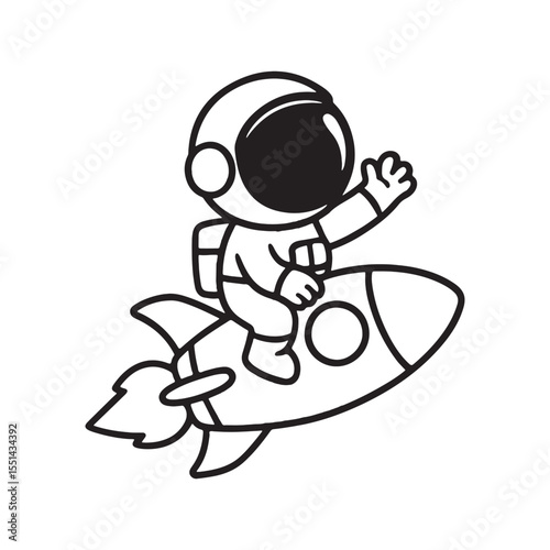 Cute cartoon astronaut riding a rocket in black and white vector art