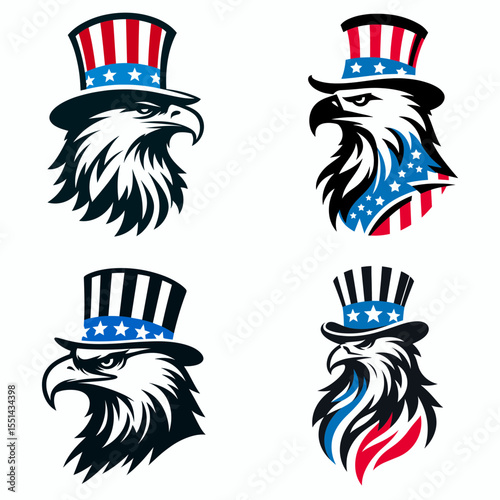 Eagle. Logo Head Face Animal Independence Day 4th of July Clipart Line Art Vector Illustration. Large bird prey powerful flier national emblem liberty icon.