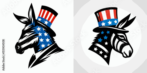 Donkey. Logo Head Face Animal Independence Day 4th of July Clipart Line Art Vector Illustration. Farm animal a burro equine for work pack beast ranch mammal livestock.