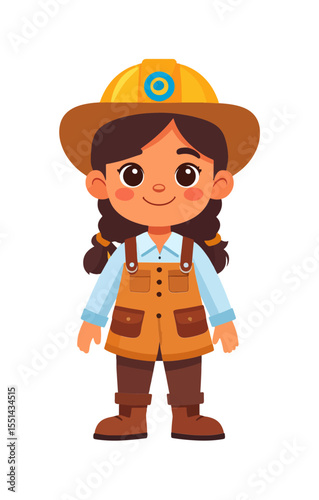 A young miner is depicted with dark hair in braids a brown hat and orange overalls
