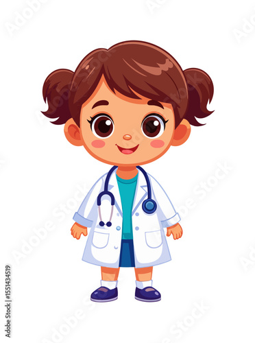 Cartoon of a young girl in a doctors coat holding a stethoscope with brown hair in pigtails fair skin  bright eyes