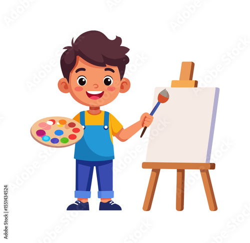 A young cartoon boy artist wearing blue overalls and holding a paintbrush and palette stands before a blank canvas on a wooden easel