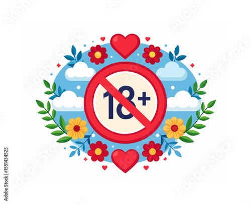 A circular red 18 ban sign surrounded by flowers hearts and cloud imagery against a white background