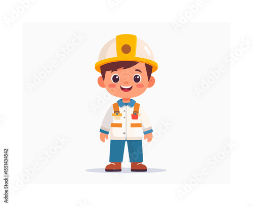 A young cartoon construction worker with a hard hat smiles warmly