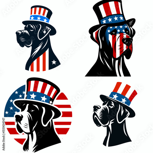 Great Dane Dog. Logo Head Face Animal Independence Day 4th of July Clipart Line Art Vector Illustration. Huge danish canine breed info big gentle domestic pet friend.