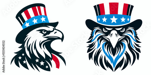 happy bald eagle. Logo Head Face Animal Independence Day 4th of July Clipart Line Art Vector Illustration. Joyful american eagle picture a bird prey freedom national avian symbol.