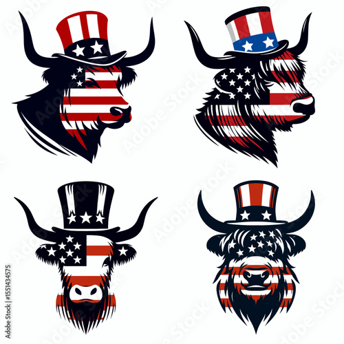 Highland Cow. Logo Head Face Animal Independence Day 4th of July Clipart Line Art Vector Illustration. Scottish cattle breed detail popular bovine type overview for farming image need.