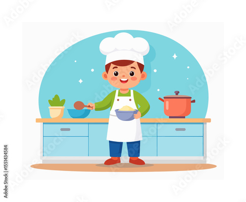 A young cook in a chefs hat holds a bowl in a kitchen smiling happily amidst a pot bowl and plant