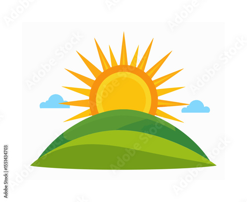 Bright sun rises over green hills with two puffy clouds