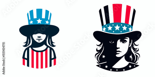 little girl. Logo Head Face Animal Independence Day 4th of July Clipart Line Art Vector Illustration. Young female child youth kid childhood concept early phase existence.