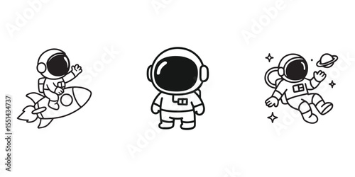 Cute cartoon astronauts exploring space with rocket planets and stars