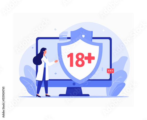 Illustration of a doctor pointing to a computer screen showing a shield with 18 inside