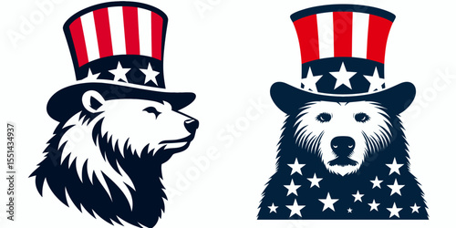 Polar Bear. Logo Head Face Animal Independence Day 4th of July Clipart Line Art Vector Illustration. Arctic mammal study white bear habitat a cold climate carnivore.