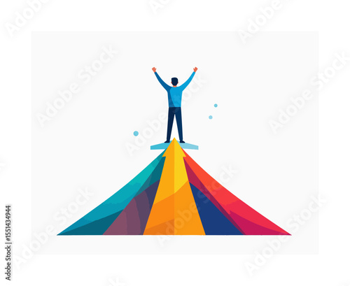 A person with raised hands stands atop a large colorful upwardpointing arrow on a white background
