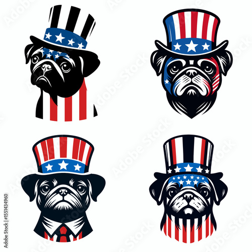 Pug Dog. Logo Head Face Animal Independence Day 4th of July Clipart Line Art Vector Illustration. Canine small breed detail for a short muzzle wrinkly face curly tail.