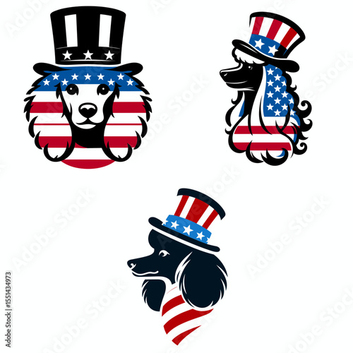 Poodle Dog. Logo Head Face Animal Independence Day 4th of July Clipart Line Art Vector Illustration. Curly canine pet a friendly clever and hypoallergenic breed for any home.