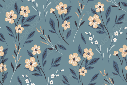 Seamless floral pattern, abstract ditsy print in vintage style. Elegant botanical wallpaper, textile design in blue. Small hand drawn wild flowers, tiny twigs, leaves. Vector illustration.