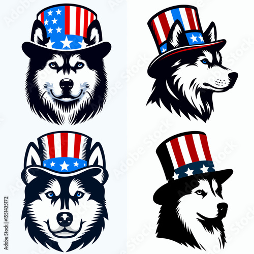 Siberian Husky Dog. Logo Head Face Animal Independence Day 4th of July Clipart Line Art Vector Illustration. Arctic spitz canine breed information about this companion.