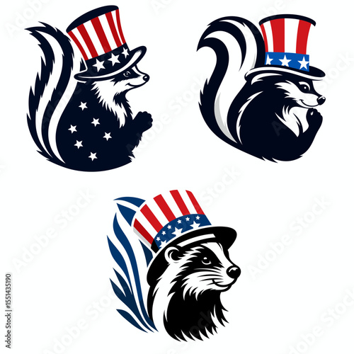 Skunk. Logo Head Face Animal Independence Day 4th of July Clipart Line Art Vector Illustration. Striped polecat a mammal known for pungent smell wild fauna nature.