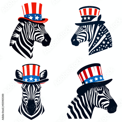Zebra. Logo Head Face Animal Independence Day 4th of July Clipart Line Art Vector Illustration. Striped equine wildlife creature africa savanna animal pattern horse kin.