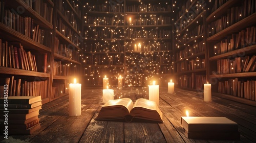 Enchanting Library with Levitating Books and Illuminated Candles