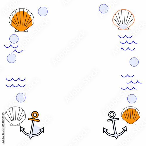 Square marine-themed frame with seashells, waves, and anchor icons. Ideal for ocean event invitations, seaside branding, summer posters, and beach party visuals.