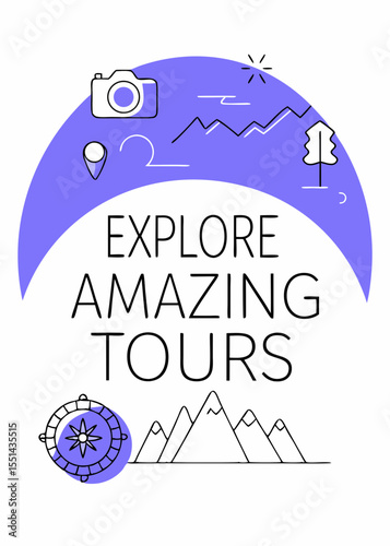 Modern travel banner with mountains, camera, and text “Explore Amazing Tours.” Great for travel agencies, tourism blogs, adventure promotions, and vacation-themed websites.