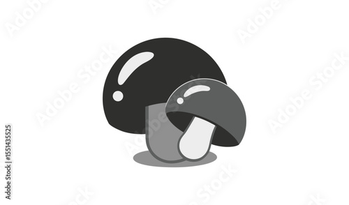 Stylized minimalist illustration of two dark gray mushrooms with lighter gray stems and caps on a white background