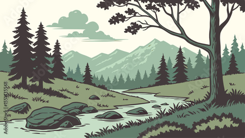 Natural forest landscape vector illustration with trees and hills