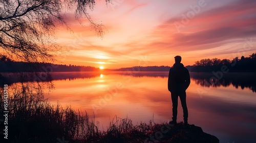 Serene Sunset Moment: Man Standing on Lake Shore at Dusk