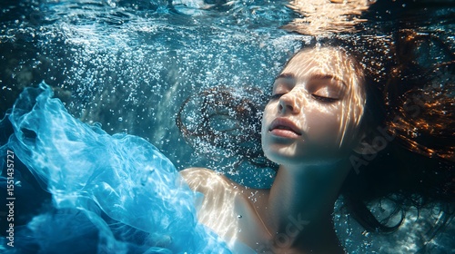 Stunning Portrait of Girl in Blue Dress Underwater
