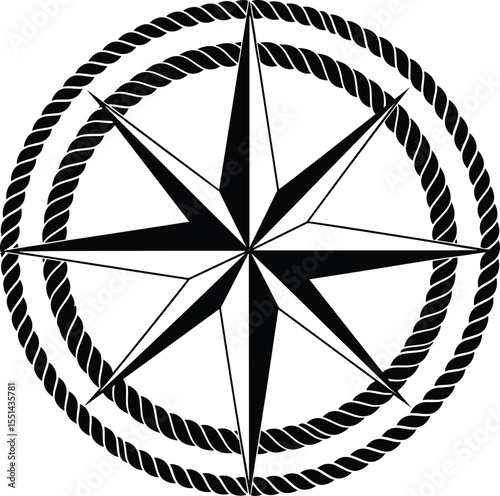 Compass rose vector, nautical symbol, black and white design, rope border compass, marine navigation icon, wind direction star, maritime graphic, retro travel illustration