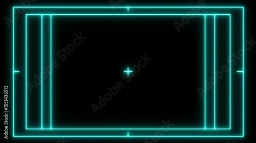 Glowing cyan neon laser lines frame HUD on black background  Bright neon line moving on black background. Seamless loop animation of glowing neon lines streaming across on black background. 