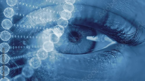 Futuristic DNA and RNA helix Over Human Eye. Biotech, Medical Innovation, Genetic Engineering, Molecular Genomic Research, Healthcare Clinical Diagnostics, Scientific Visualization. AI in Healthcare
